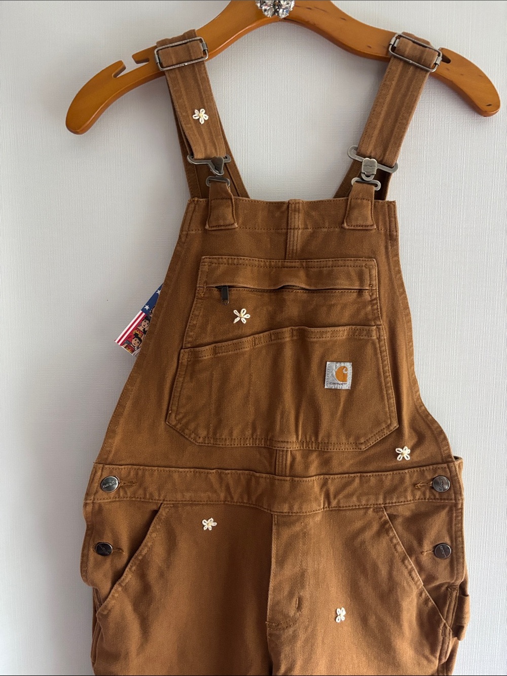 Carhartt woman’s xs Tan Canvas Overalls with Pocket Patch. Daises.